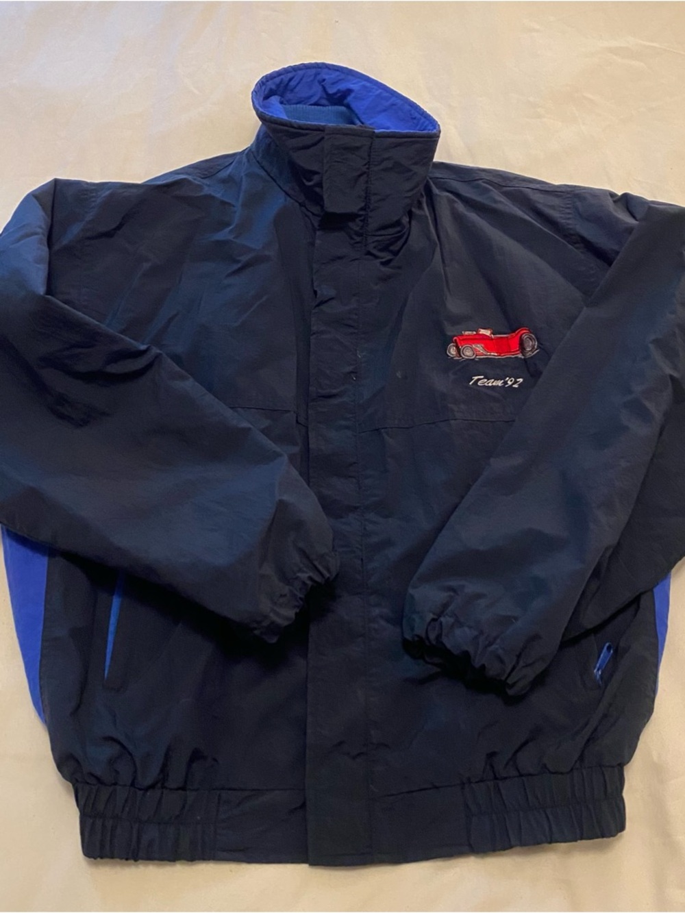 Men's Navy Blue Windbreaker Jacket with Red Car Embroidery